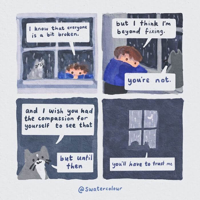 Artist Draws Watercolor Comics Of A Cat Therapist Giving Comforting Mental Health Advice