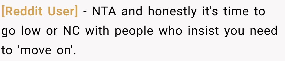 [Reddit User] − NTA and honestly it's time to go low or NC with people who insist you need to 'move on'.