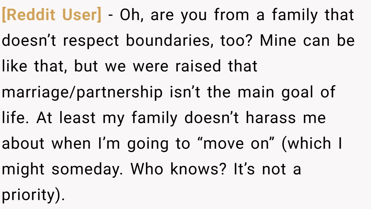 [Reddit User] − Oh, are you from a family that doesn’t respect boundaries, too? Mine can be like that, but we were raised that marriage/partnership isn’t the main goal of life. At least my family doesn’t harass me about when I’m going to “move on” (which I might someday. Who knows? It’s not a priority).