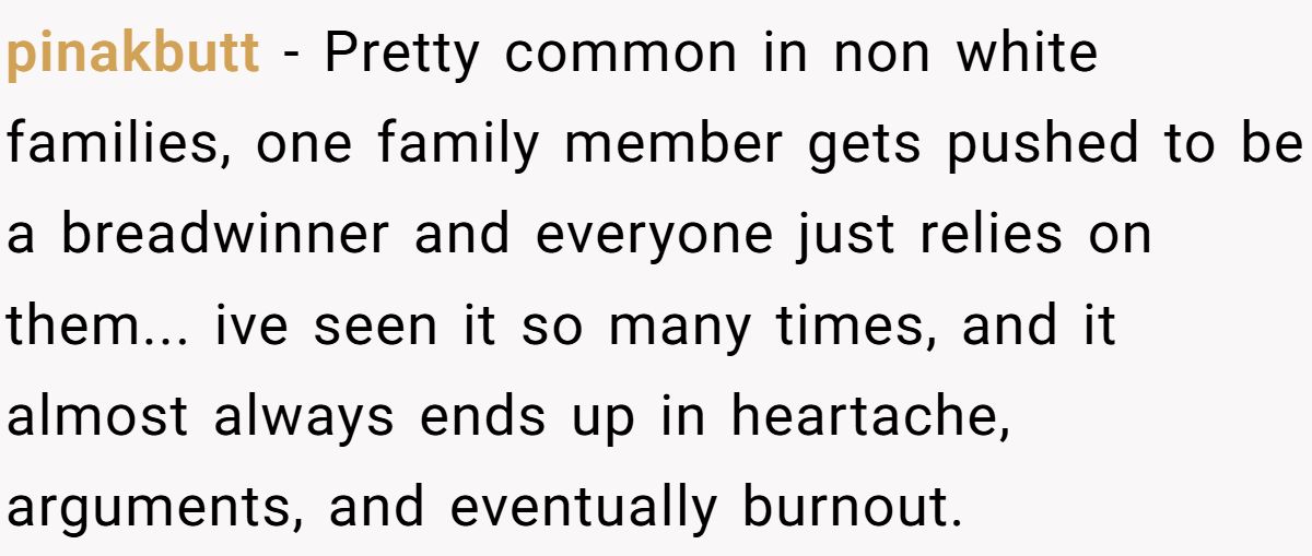 pinakbutt − Pretty common in non white families, one family member gets pushed to be a breadwinner and everyone just relies on them... ive seen it so many times, and it almost always ends up in heartache, arguments, and eventually burnout.