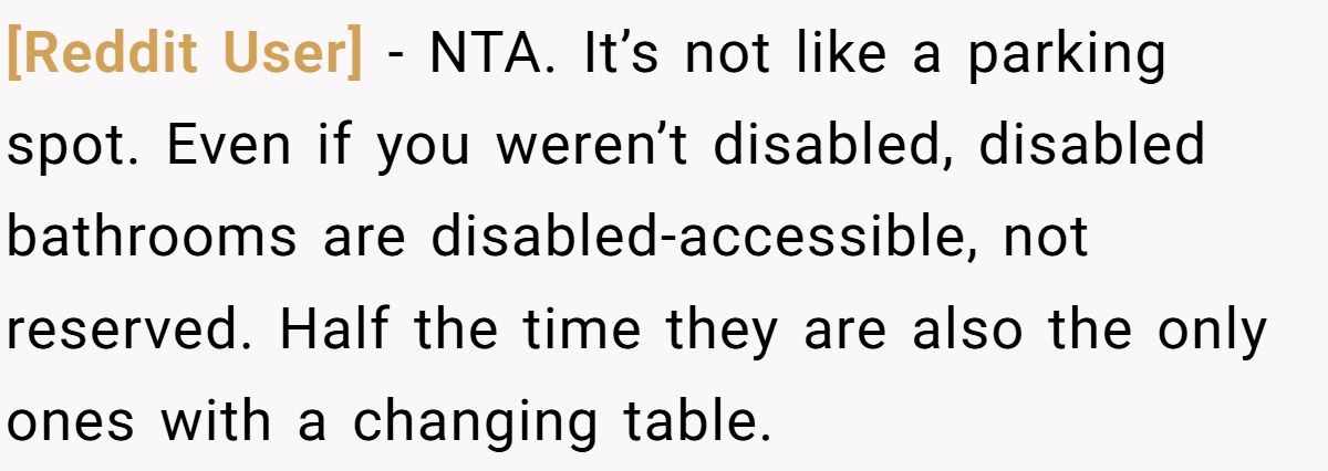 [Reddit User] − NTA. It’s not like a parking spot. Even if you weren’t disabled, disabled bathrooms are disabled-accessible, not reserved. Half the time they are also the only ones with a changing table.