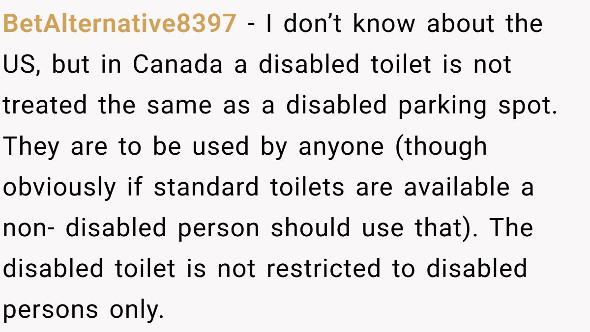 BetAlternative8397 − I don’t know about the US, but in Canada a disabled toilet is not treated the same as a disabled parking spot. They are to be used by anyone (though obviously if standard toilets are available a non- disabled person should use that). The disabled toilet is not restricted to disabled persons only.