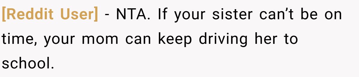 [Reddit User] − NTA. If your sister can’t be on time, your mom can keep driving her to school.