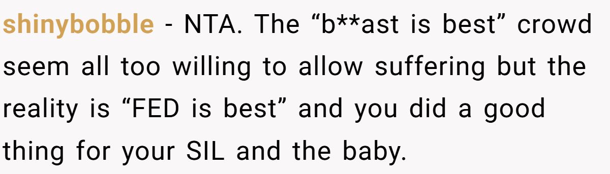 shinybobble − NTA. The “b**ast is best” crowd seem all too willing to allow suffering but the reality is “FED is best” and you did a good thing for your SIL and the baby.