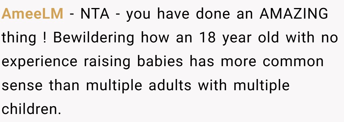 AmeeLM − NTA - you have done an AMAZING thing ! Bewildering how an 18 year old with no experience raising babies has more common sense than multiple adults with multiple children.