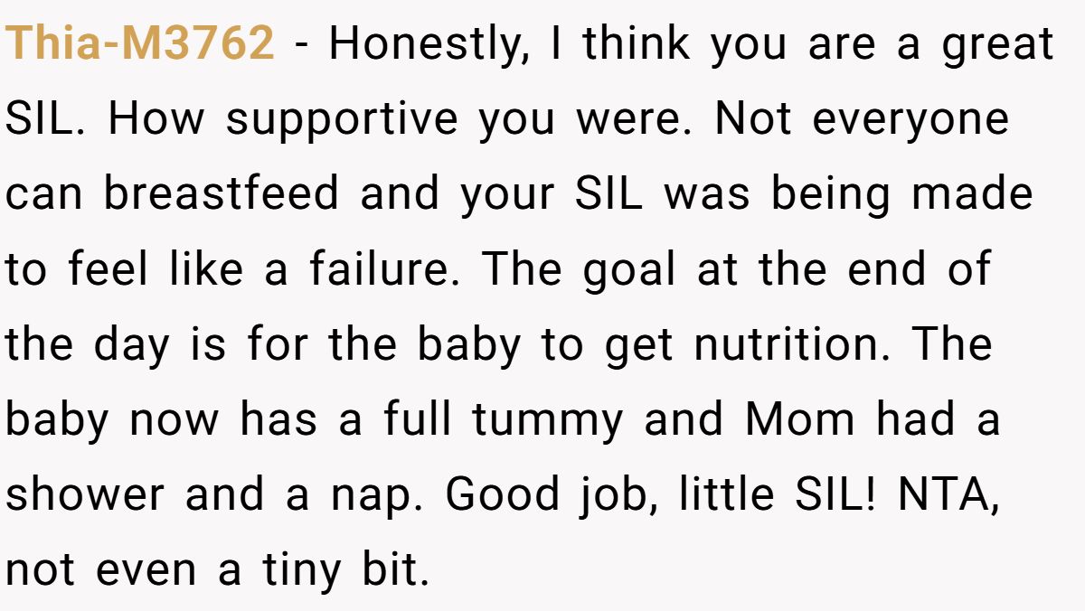 Thia-M3762 − Honestly, I think you are a great SIL. How supportive you were. Not everyone can breastfeed and your SIL was being made to feel like a failure. The goal at the end of the day is for the baby to get nutrition. The baby now has a full tummy and Mom had a shower and a nap. Good job, little SIL! NTA, not even a tiny bit.