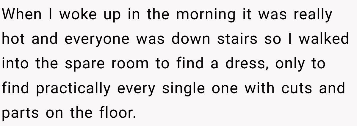 When I woke up in the morning it was really hot and everyone was down stairs so I walked into the spare room to find a dress, only to find practically every single one with cuts and parts on the floor.