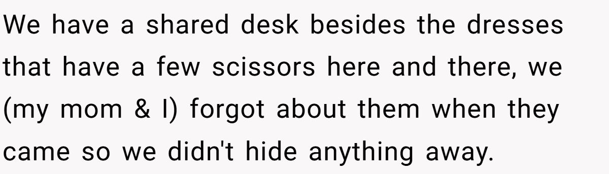 We have a shared desk besides the dresses that have a few scissors here and there, we (my mom & I) forgot about them when they came so we didn't hide anything away.