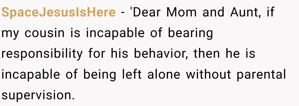 SpaceJesusIsHere − 'Dear Mom and Aunt, if my cousin is incapable of bearing responsibility for his behavior, then he is incapable of being left alone without parental supervision.