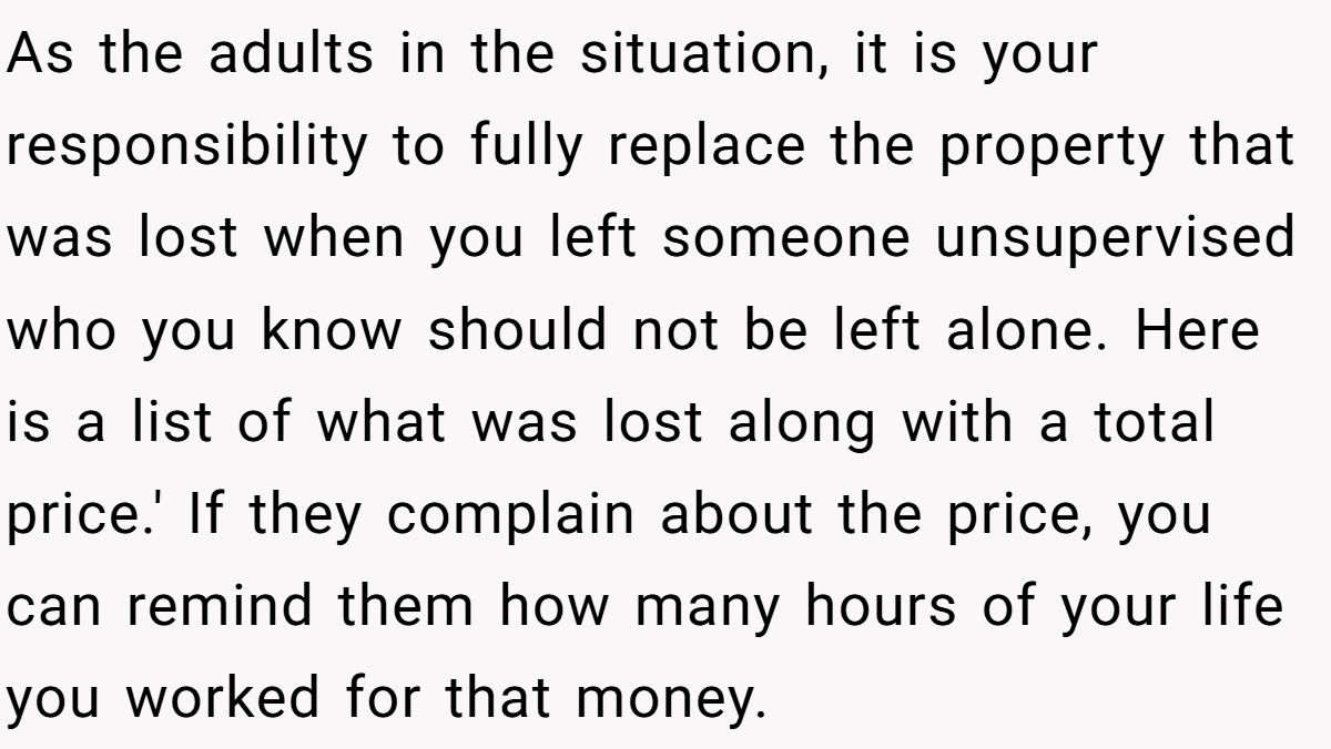 As the adults in the situation, it is your responsibility to fully replace the property that was lost when you left someone unsupervised who you know should not be left alone. Here is a list of what was lost along with a total price.' If they complain about the price, you can remind them how many hours of your life you worked for that money.