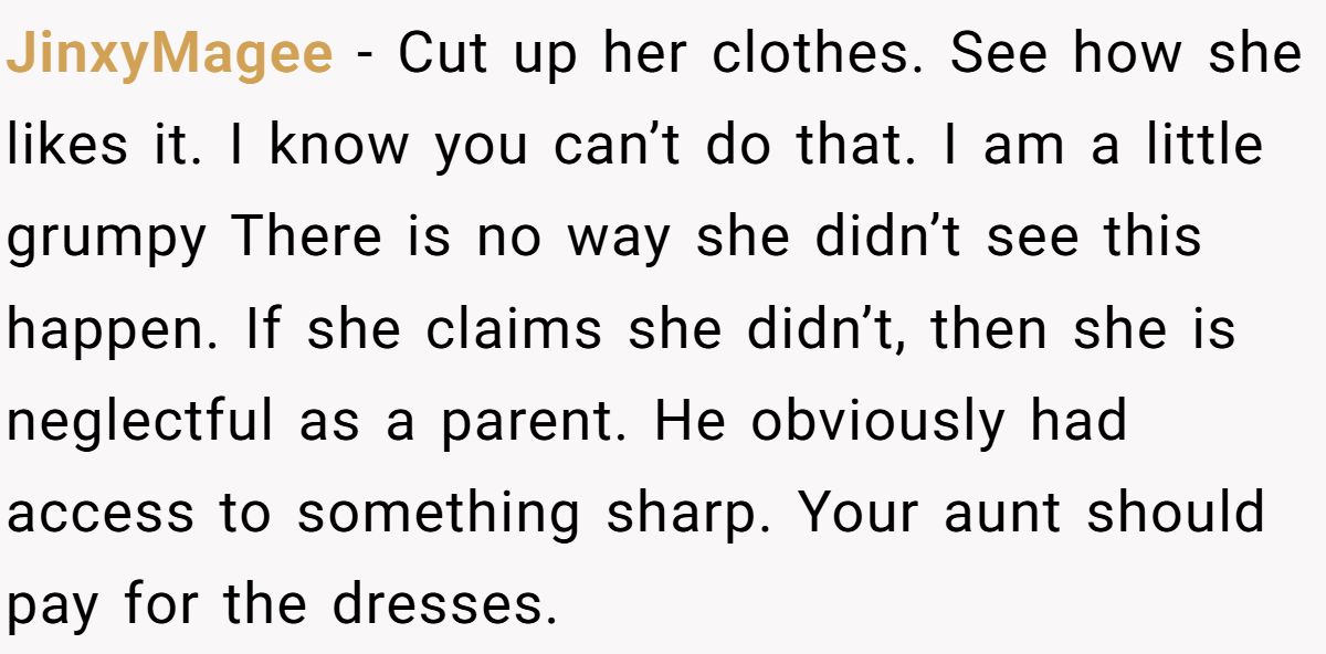JinxyMagee − Cut up her clothes. See how she likes it. I know you can’t do that. I am a little grumpy There is no way she didn’t see this happen. If she claims she didn’t, then she is neglectful as a parent. He obviously had access to something sharp. Your aunt should pay for the dresses.