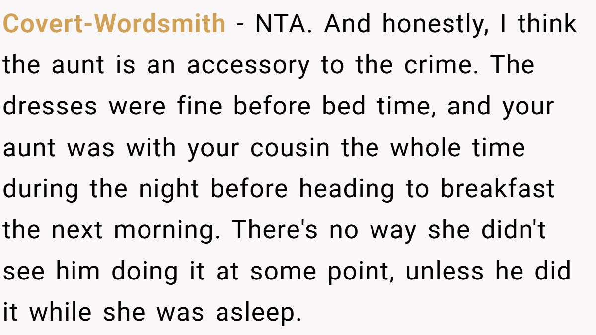 Covert-Wordsmith − NTA. And honestly, I think the aunt is an accessory to the crime. The dresses were fine before bed time, and your aunt was with your cousin the whole time during the night before heading to breakfast the next morning. There's no way she didn't see him doing it at some point, unless he did it while she was asleep.