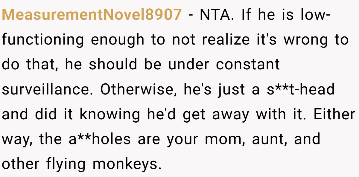 MeasurementNovel8907 − NTA. If he is low-functioning enough to not realize it's wrong to do that, he should be under constant surveillance. Otherwise, he's just a s**t-head and did it knowing he'd get away with it. Either way, the a**holes are your mom, aunt, and other flying monkeys.
