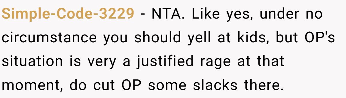 Simple-Code-3229 − NTA. Like yes, under no circumstance you should yell at kids, but OP's situation is very a justified rage at that moment, do cut OP some slacks there.