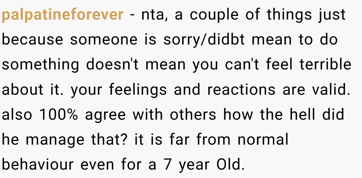palpatineforever − nta, a couple of things just because someone is sorry/didbt mean to do something doesn't mean you can't feel terrible about it. your feelings and reactions are valid. also 100% agree with others how the hell did he manage that? it is far from normal behaviour even for a 7 year Old.