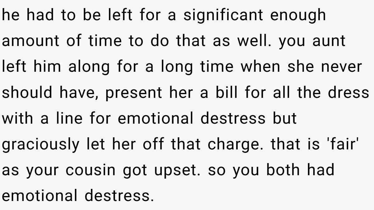 he had to be left for a significant enough amount of time to do that as well. you aunt left him along for a long time when she never should have, present her a bill for all the dress with a line for emotional destress but graciously let her off that charge. that is 'fair' as your cousin got upset. so you both had emotional destress.