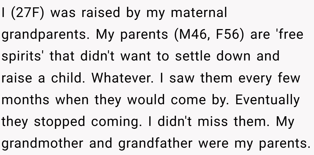 I (27F) was raised by my maternal grandparents. My parents (M46, F56) are 'free spirits' that didn't want to settle down and raise a child. Whatever. I saw them every few months when they would come by. Eventually they stopped coming. I didn't miss them. My grandmother and grandfather were my parents.