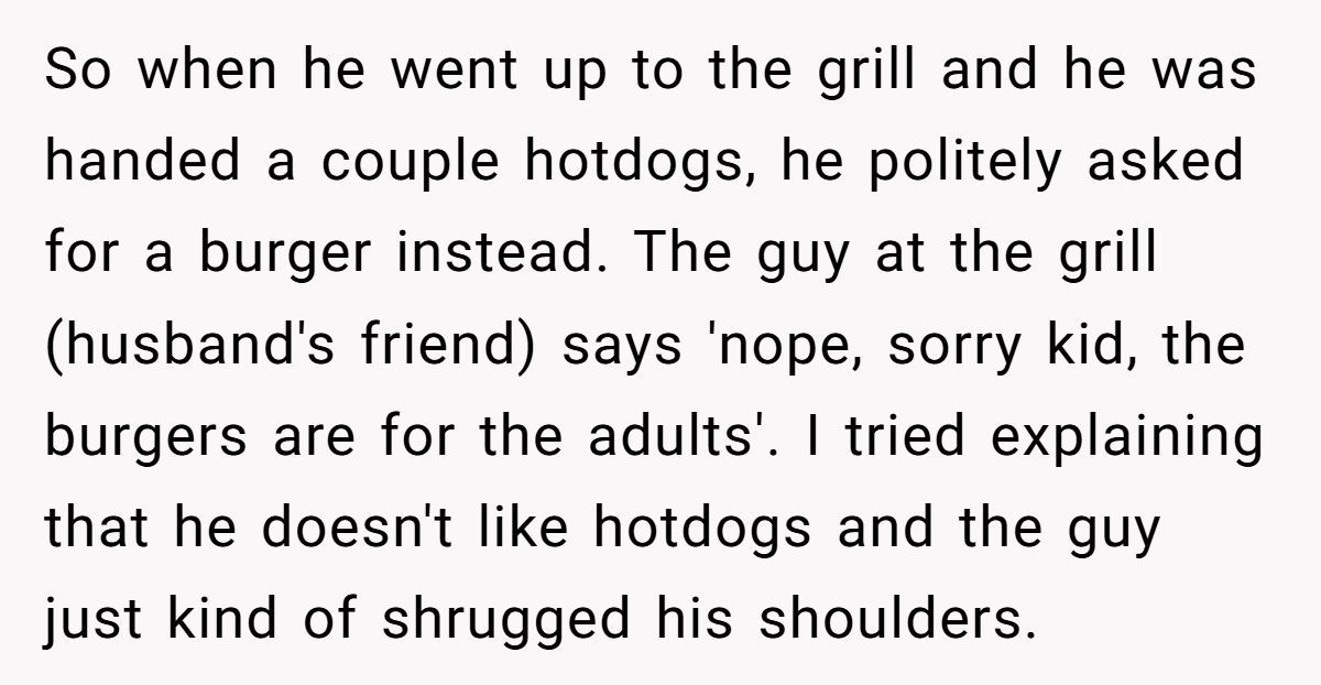 Mom Swaps Hot Dog For Burger At BBQ So Her Son Can Eat—Host Says She’s Banned From Future Parties Generated by Aubtu.biz