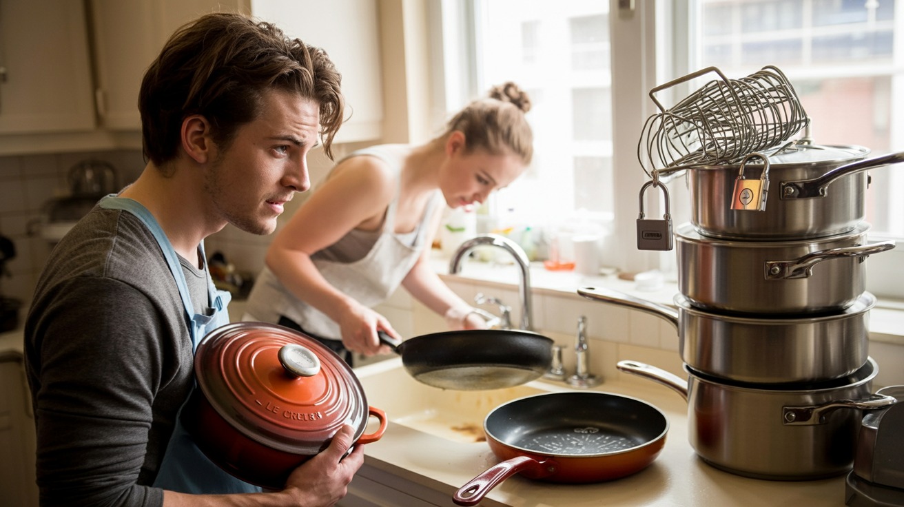 Roommate Wouldn’t Stop Ruining His $500 Pans - So He Locked Them All Together With Wire