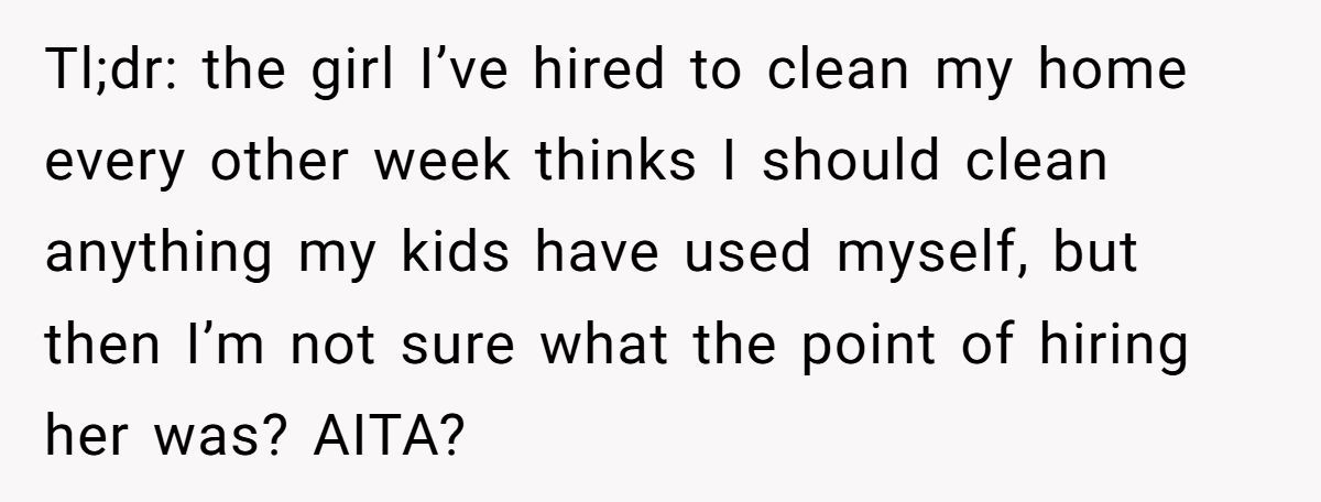 Mom Hires Cleaner To Help During Tough Times But Cleaner Refuses To Clean ‘Kid Messes’ And Complains Instead Generated by Aubtu.biz