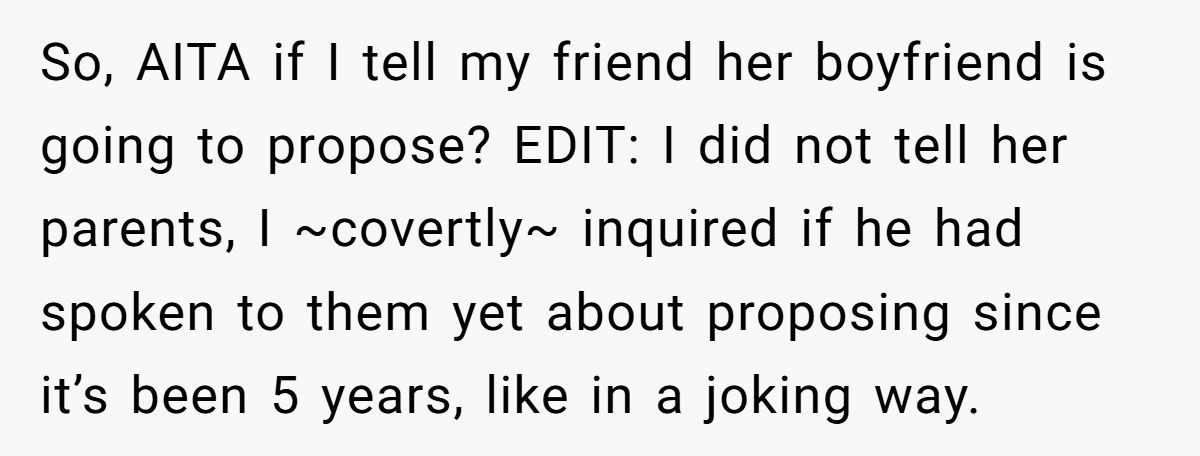 Friend Discovers Boyfriend’s Proposal Will Exclude Her Bestie’s Family—Keeps Wondering If She Should Intervene Generated by Aubtu.biz