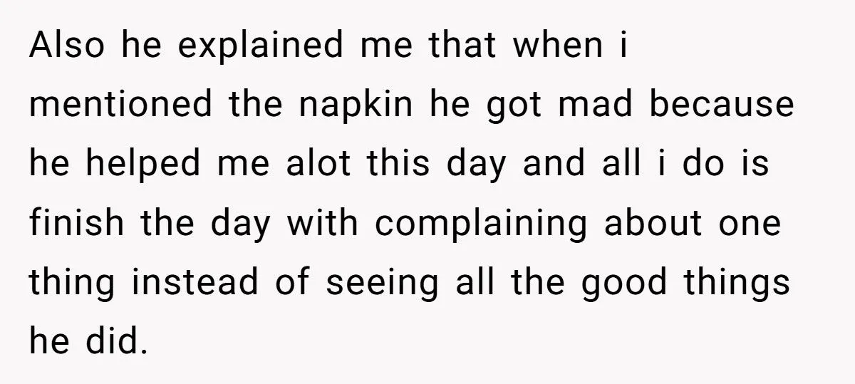 Her Husband Refused to Grab a Napkin While She Struggled With Their Baby - Now She’s Questioning Everything