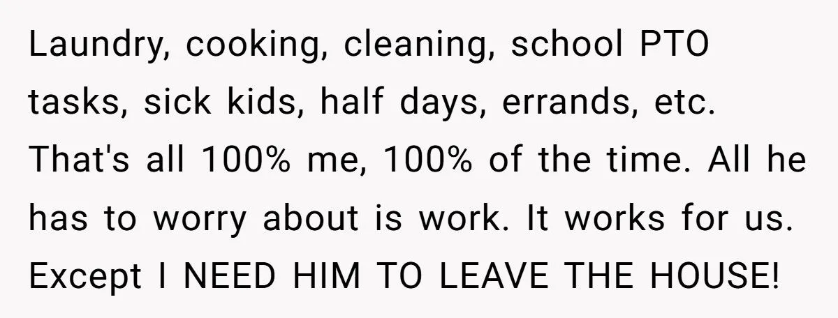 Stay-at-Home Mom Begs Husband to Go to the Office - Is She Wrong? Generated by Aubtu.biz