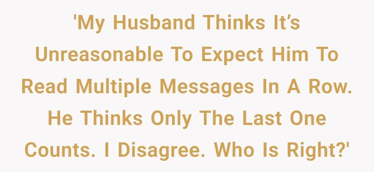 Woman Furious After Husband Insists He Only Has to Read the Last Text She Sends