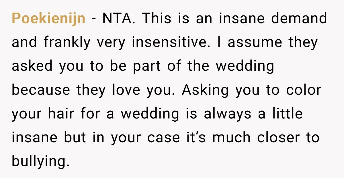 Bride Demands Bridesmaid Dye Rare White Hair, Brother Calls Her “The Jerk” For Refusing