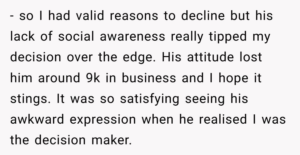 Woman Silently Shuts Down Restaurant Owner’s Sexist Jokes And Costs Him $9K Deal