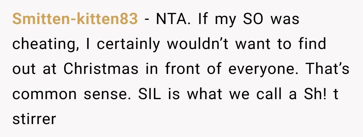 Sister-In-Law “Exposes” Brother-In-Law’s Affairs At Christmas, Doesn’t Expect Her Sister To Defend Him