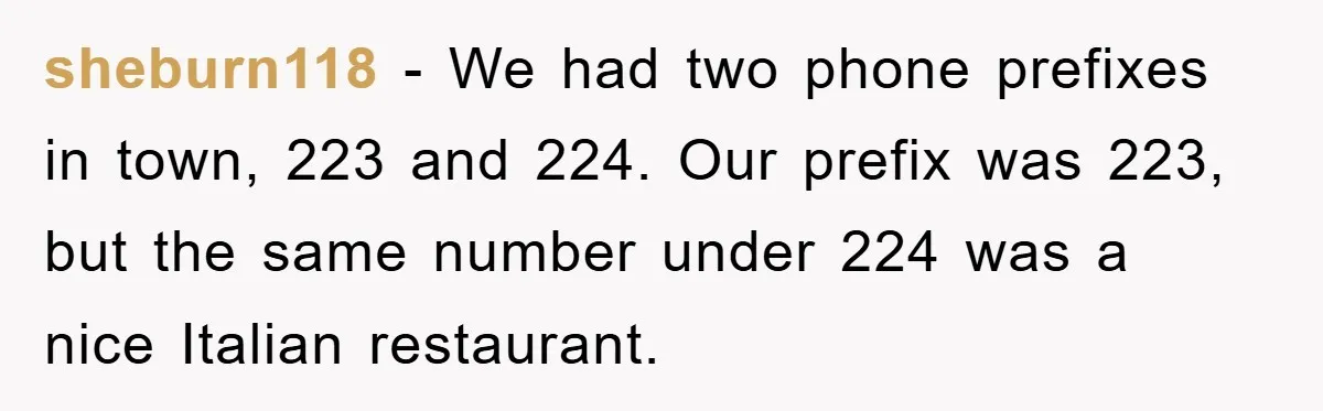 sheburn118 − We had two phone prefixes in town, 223 and 224. Our prefix was 223, but the same number under 224 was a nice Italian restaurant.