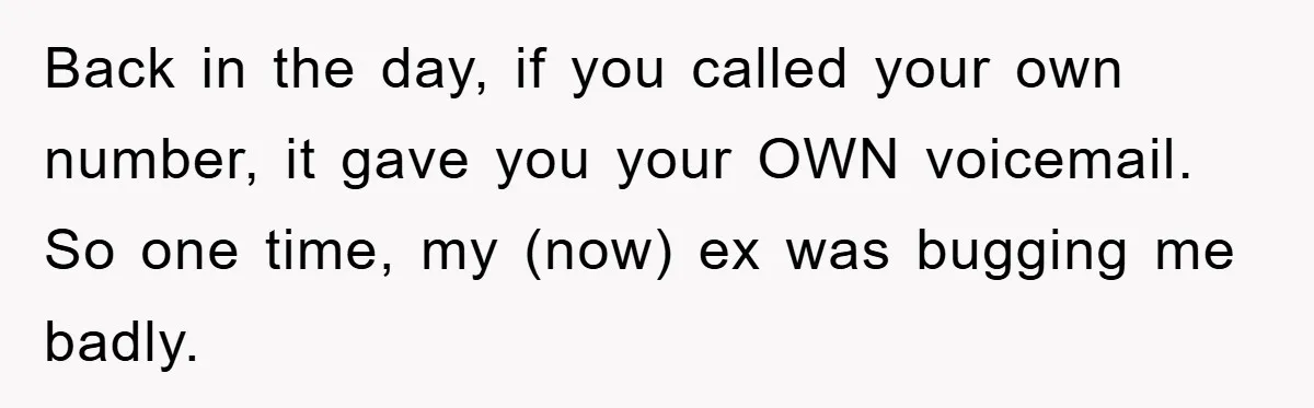 Back in the day, if you called your own number, it gave you your OWN voicemail. So one time, my (now) ex was bugging me badly.