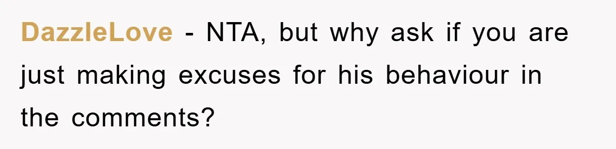 DazzleLove − NTA, but why ask if you are just making excuses for his behaviour in the comments?
