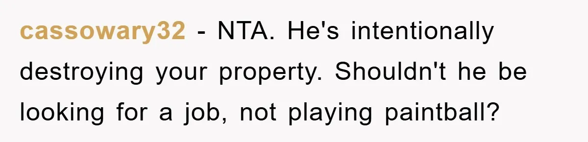 cassowary32 − NTA. He's intentionally destroying your property. Shouldn't he be looking for a job, not playing paintball?