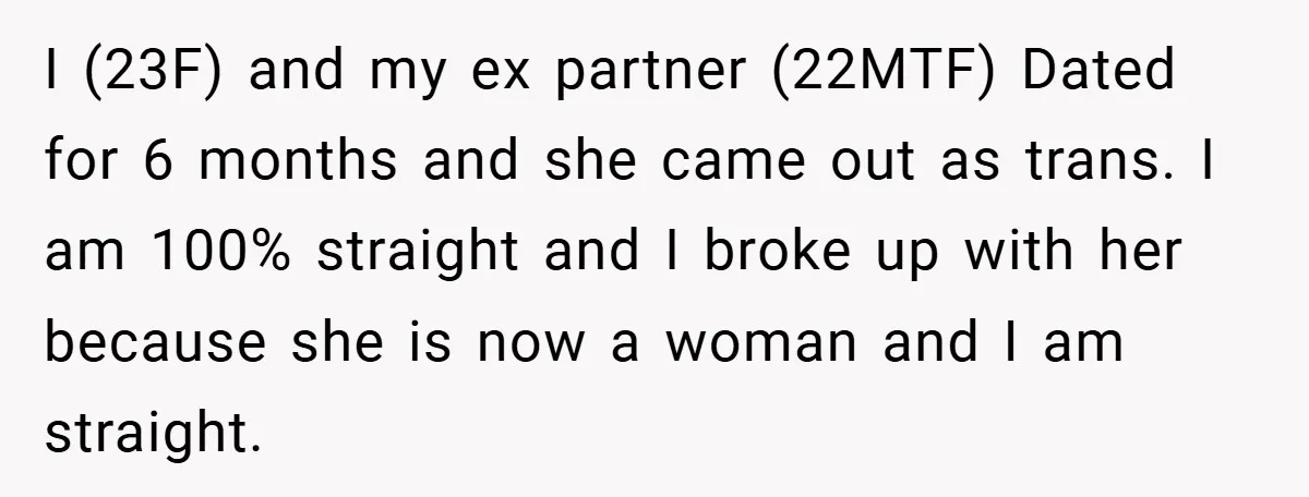 I (23F) and my ex partner (22MTF) Dated for 6 months and she came out as trans. I am 100% straight and I broke up with her because she is...