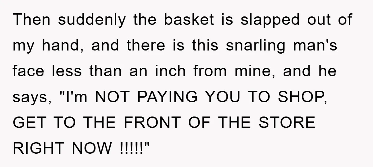 Then suddenly the basket is slapped out of my hand, and there is this snarling man's face less than an inch from mine, and he says, "I'm NOT PAYING YOU...
