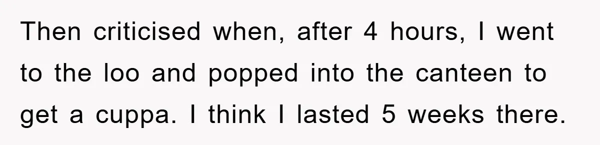 Then criticised when, after 4 hours, I went to the loo and popped into the canteen to get a cuppa. I think I lasted 5 weeks there.