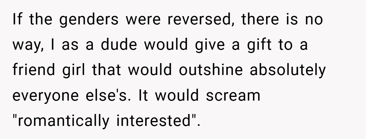 If the genders were reversed, there is no way, I as a dude would give a gift to a friend girl that would outshine absolutely everyone else's. It would scream...