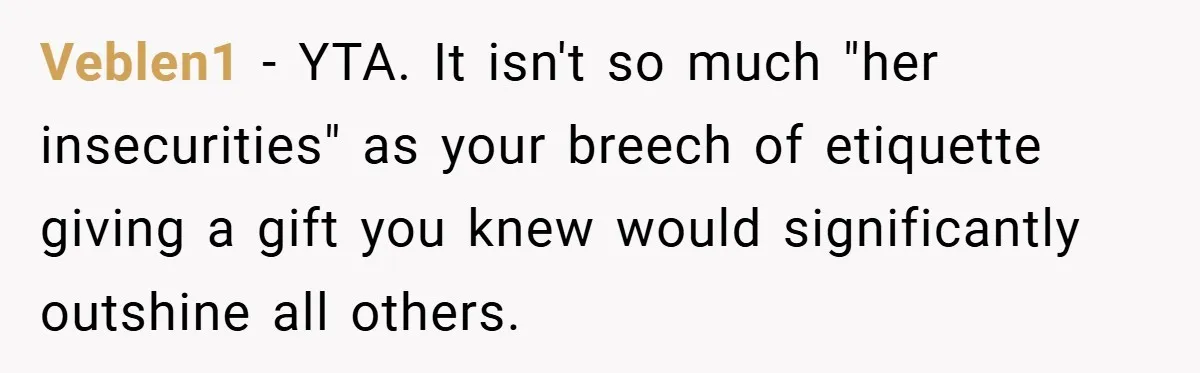 Veblen1 − YTA. It isn't so much "her insecurities" as your breech of etiquette giving a gift you knew would significantly outshine all others.