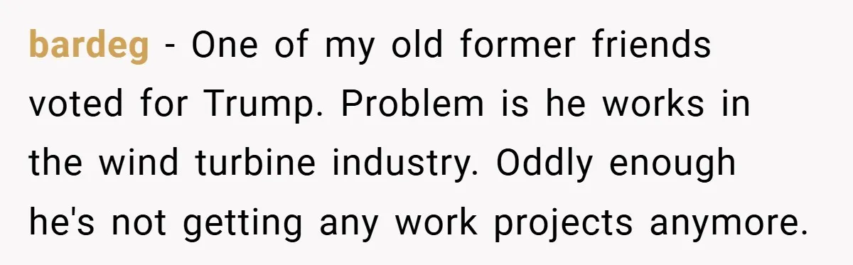 bardeg − One of my old former friends voted for Trump. Problem is he works in the wind turbine industry. Oddly enough he's not getting any work projects anymore.