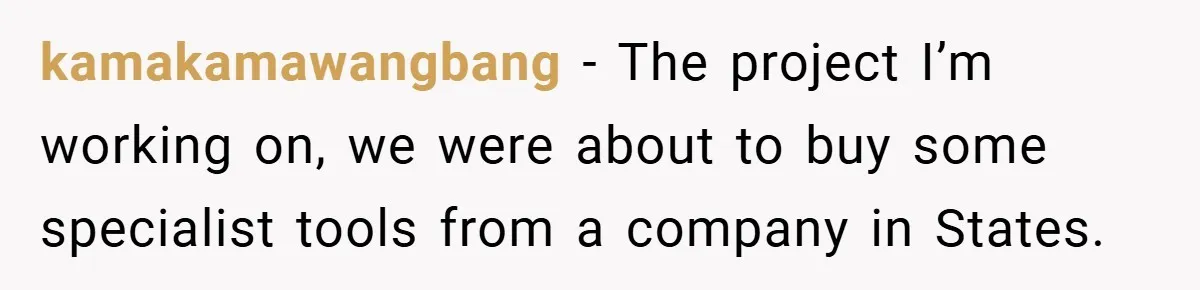 kamakamawangbang − The project I’m working on, we were about to buy some specialist tools from a company in States.