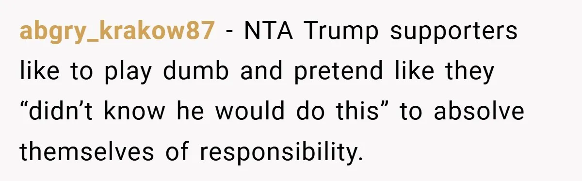 abgry_krakow87 − NTA Trump supporters like to play dumb and pretend like they “didn’t know he would do this” to absolve themselves of responsibility.
