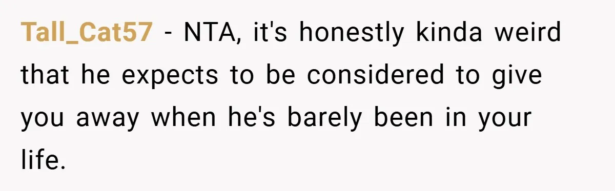 Tall_Cat57 − NTA, it's honestly kinda weird that he expects to be considered to give you away when he's barely been in your life.