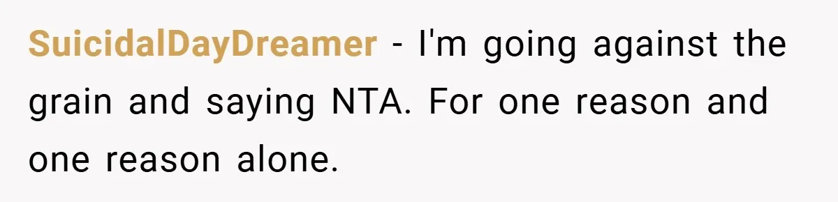 SuicidalDayDreamer − I'm going against the grain and saying NTA. For one reason and one reason alone.