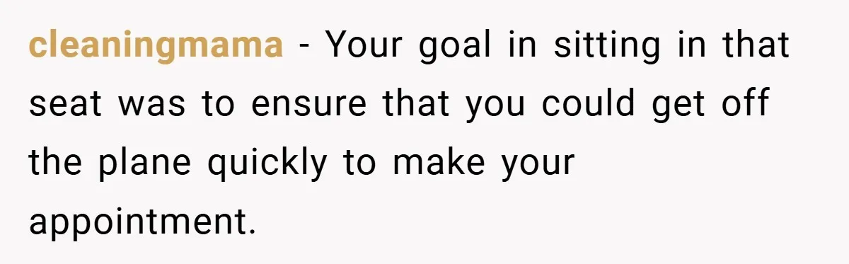 cleaningmama − Your goal in sitting in that seat was to ensure that you could get off the plane quickly to make your appointment.