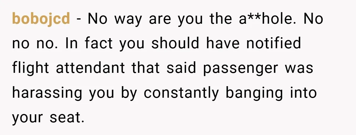 bobojcd − No way are you the a**hole. No no no. In fact you should have notified flight attendant that said passenger was harassing you by constantly banging into your...