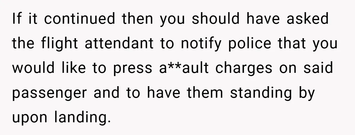 If it continued then you should have asked the flight attendant to notify police that you would like to press a**ault charges on said passenger and to have them standing...