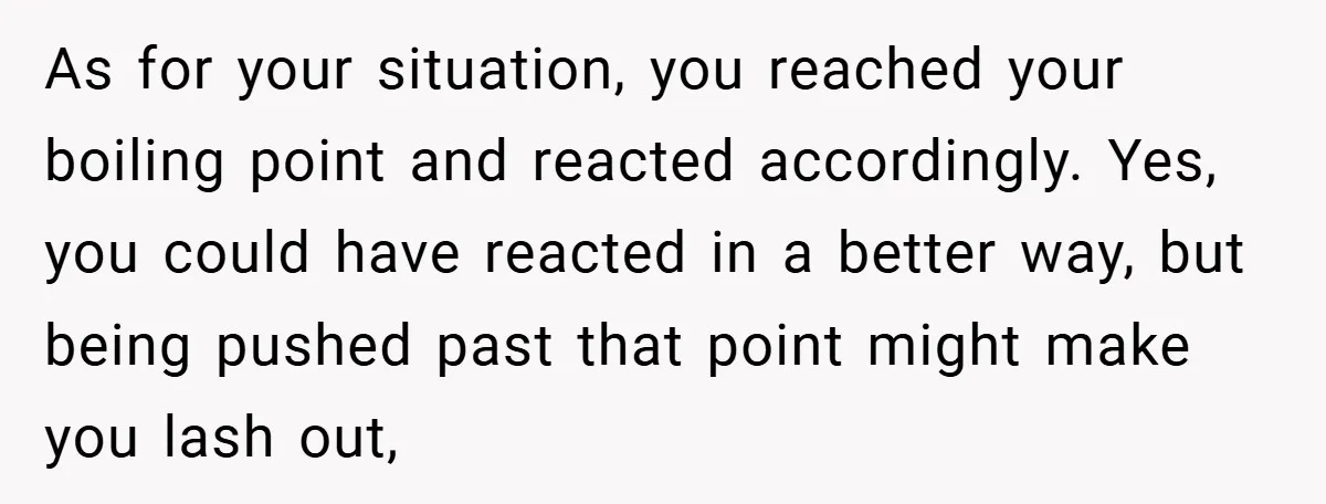 As for your situation, you reached your boiling point and reacted accordingly. Yes, you could have reacted in a better way, but being pushed past that point might make you...