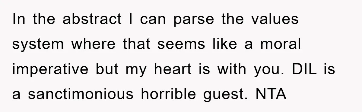 In the abstract I can parse the values system where that seems like a moral imperative but my heart is with you. DIL is a sanctimonious horrible guest. NTA